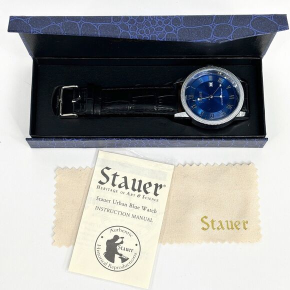 Stauer Urban Blue Dial Watch Analog Quartz Stainless Steel Black Leather Strap - Picture 2 of 9